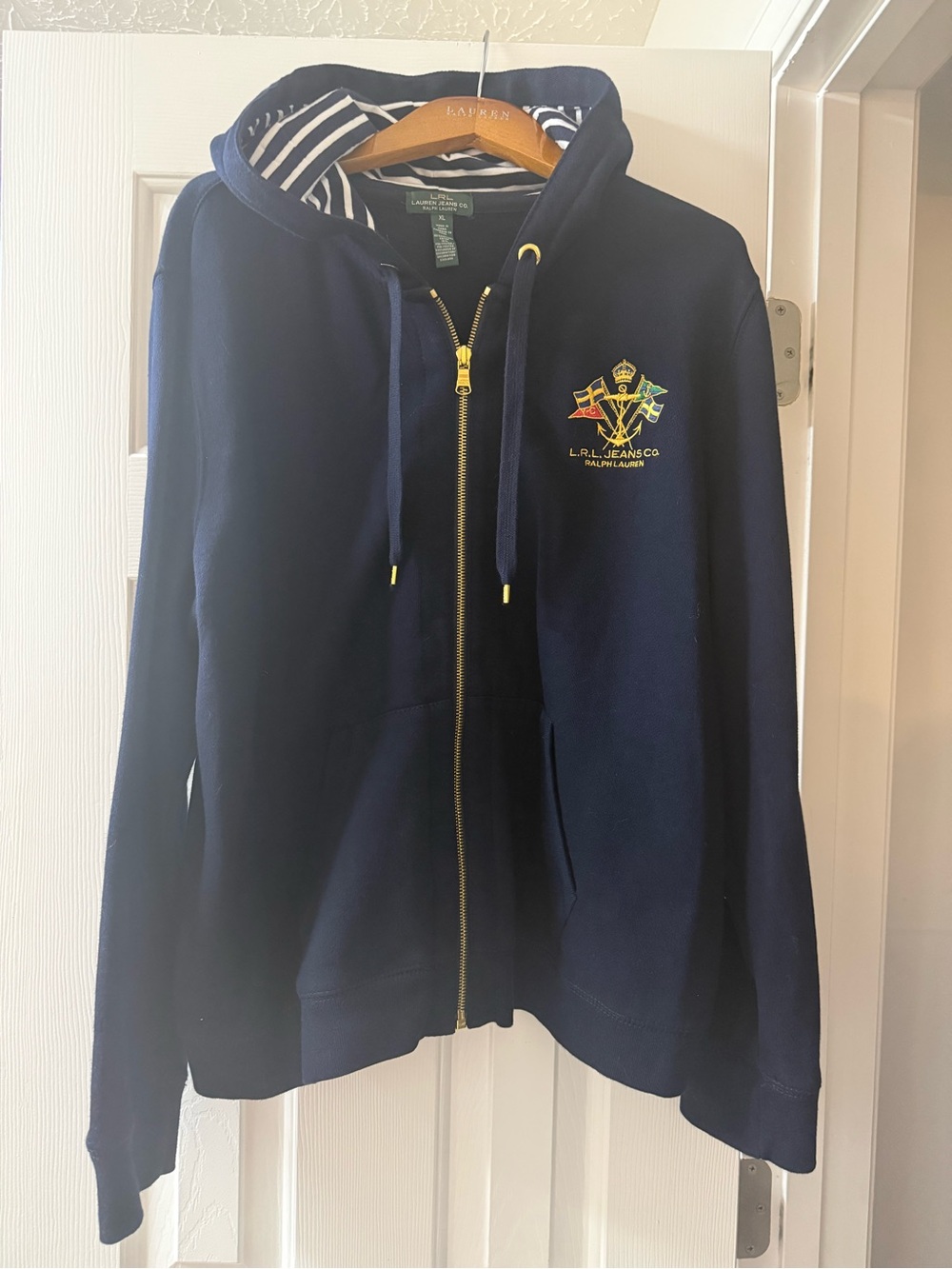 Vintage LRL Lauren Jeans Co Ralph Lauren Nautical Crest Hoodie Navy Full Zip XL